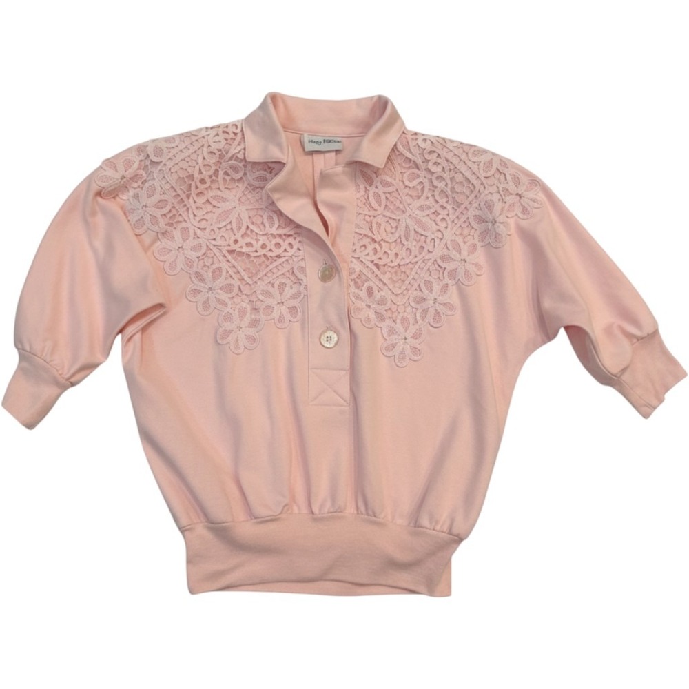 Flagg‎ Petites Vintage Pink Knit Blouse Lace Crochet Boho Farmhouse Top Womens